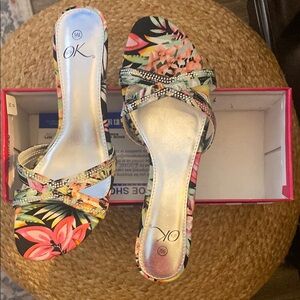 OK Black and Pink Sandals with Open-Toe Slip-On Design